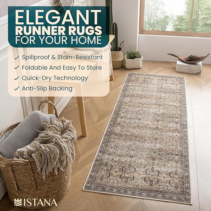 Istana Hallway Runner Rug 2.5x8 – Olive/Charcoal Entryway Rug -Silk's Soft Touch Runners for Hallways - Stylish Kitchen Runner Rug Non Slip