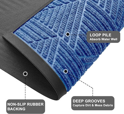Kitinjoy Front Door Mat Outside Entrance, Sturdy Natural Dirt Trapper, Heavy Duty Rubber Doormat, Low Profile Non-Slip Backing, Easy Clean Floor Mat for Indoor Outdoor Entry, 35X23 Inch, Blue