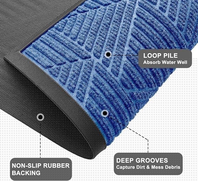 Kitinjoy Front Door Mat Outside Entrance, Sturdy Natural Dirt Trapper, Heavy Duty Rubber Doormat, Low Profile Non-Slip Backing, Easy Clean Floor Mat for Indoor Outdoor Entry, 47X32 Inch, Blue