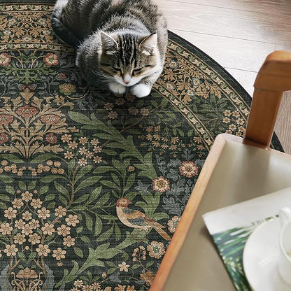 4ft Round Area Rugs for Living Room, Washable Floral Circle Rug Non Slip Low Pile, Vintage Boho Botanical Birds Throw Carpet for Farmhouse, Bedroom, Dining Room, Retro Gold/Green