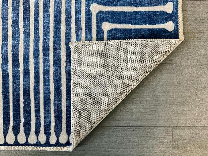 GLN Rugs Contemporary Collection - Machine Washable Area Rug, Contemporary Washable, Non Slip, Low Pile Chenille Rug, Living Room, Bedroom, Kitchen Rug (6' x 9' Lines Blue)