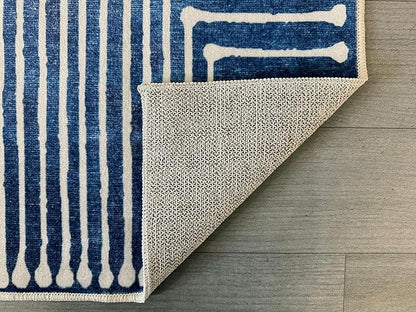 GLN Rugs Contemporary Collection - Machine Washable Area Rug, Contemporary Washable, Non Slip, Low Pile Chenille Rug, Living Room, Bedroom, Kitchen Rug (3' x 5' Lines Blue)
