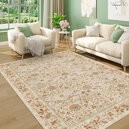 DUKINO 5x7 Area Rugs, Floral Washable Rugs for Bedroom with Non Slip Backing, Vintage Low Pile Indoor Floor Carpets for Bedroom, Living Room, Farmhouse, Home Office, Dining Room, Beige