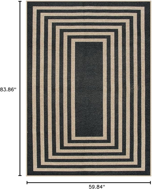 Lahome Modern Geometric Easy Jute Outdoor Rug, 5x7 Patio Living Room Rug Large Black Carpet for Bedroom, Farmhouse Washable Indoor Outdoor Carpet for Dining Room Backyard Deck