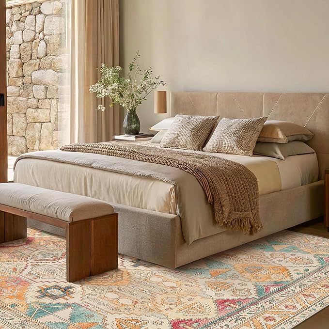 Bavni Washable Rug 5x7 Area Rug for Living Room Bedroom Dining, Washable Vintage Print Carpet, Ultra-Thin Chenille Low Pile Lightweight Rug with Non Slip Backing, Retro Multi