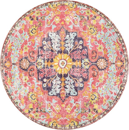 Lahome Bohemian Floral Medallion Round Rug - 4Ft Hot Pink Soft Round Area Rug Bedroom Kitchen Mat, Turkish Washable Indoor Floor Accent Bathroom Carpet for Nursery Living Room Home Office Hallway