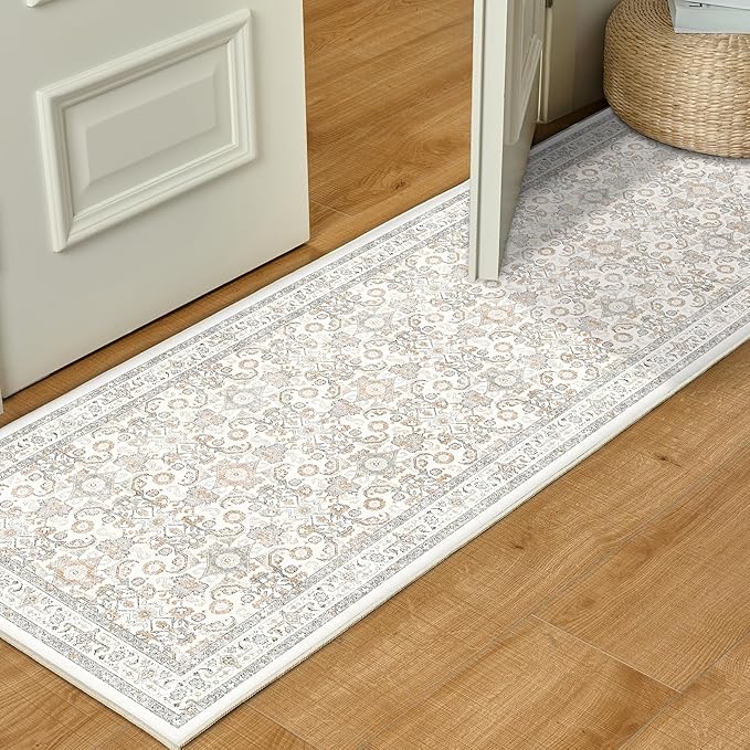 WITSHOCK 2x6 Runner Rugs for Hallways,Vintage Neutral Hallway Rugs for Entryway,Soft Distressed Boho Floral Carpet for Kitchen Bedroom (Camel/Beige,2x6)