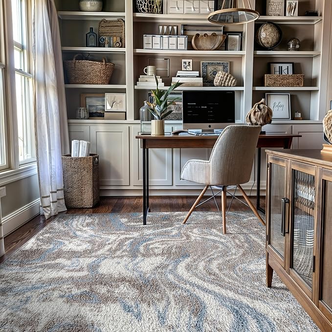 Rugshop Abstract Marble Shag Area Rug Blue 4' x 6' Ideal for Small Living Rooms, Offices, or Beside The Bed