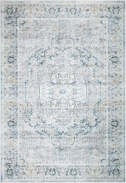 Bloom Rugs Washable Non-Slip 9' x 12' Rug - Cream/Light Blue/Teal Traditional Medallion Area Rug for Living Room, Bedroom, Dining Room, and Kitchen - Exact Size: 9' x 12'