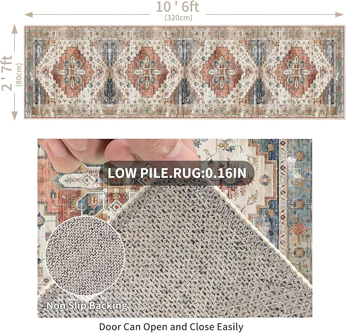 Enkor Runner Rugs for Hallway, 2.6x10.5 Washable Soft Non Slip Floor Rugs for Kitchen, Modern Mat for Living Room Bedroom Entryway Beige & Red