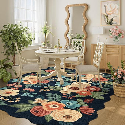 DUKINO 5x7 Area Rug, Floral Washable Rugs for Living Room with Non Slip Backing & Non-Shedding, Lightwight Low Pile Boho Design Large Carpets for Bedroom, Living Room, Dining Room, Navy Blue