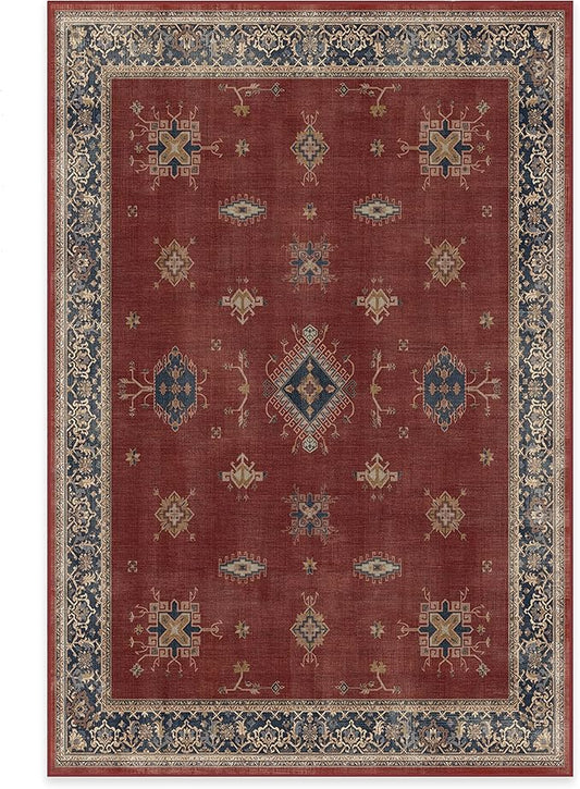 RUGGABLE Washable Vintage Area Rug – Verena Amber Red 6x9, Stain-Resistant, Non-Slip – Medium Machine Washable Rugs for Living Room, Bedroom, Hallway, Entryway & Office–with Standard Pad