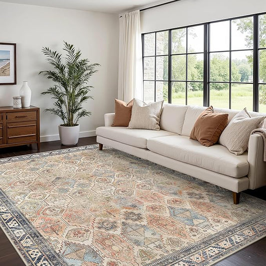 Bavni Washable Rug 5x7 Area Rug for Living Room Bedroom Dining, Washable Vintage Print Carpet, Ultra-Thin Low Pile Lightweight Rug with Non Slip Backing, Multi Beige