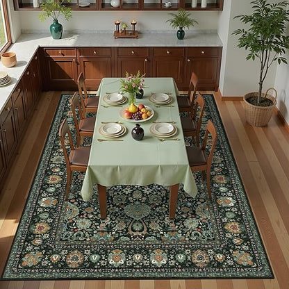 6x9 Vintage Rugs for Dining Room, Washable Rugs Non Slip Large Area Rug for Living Room Bedroom Office, Floor Decoration Big Rug Low-Pile Kid & Pet Friendly(Dark Green