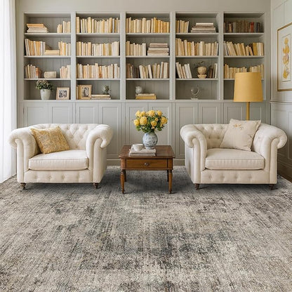 Taupe Brown Big Rugs for Living Room 9x12 - Mordern Farmhouse Rustic Large Rug for Dining Room, Bedroom, Washable Foldable Dark Academy Décor