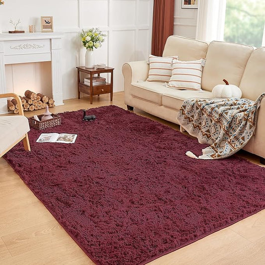 Andency Burgundy Soft Area Rugs for Living Room Bedroom, 5x8 Fluffy Shaggy Bedside Rug, Non-Slip Large Shag Fuzzy Plush Carpets for Bedroom Kids Dorm Nursery Home Decor Aesthetic