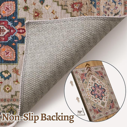 Tangsoo Vintage Small Rug 2x3 Washable Rugs for Entryway Non-Slip Oriental Low Pile Rug for Front Door, Kitchen, Indoor, Accent Throw Small Area Rug, Door Mat for Entrance, Soft Boho Beige/Red
