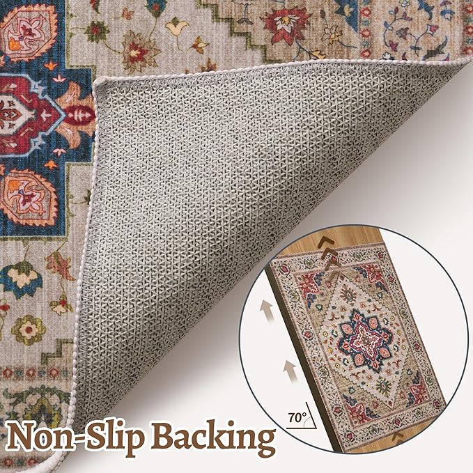 Tangsoo 5x7 Area Rug Washable Rugs for Living Room, Vintage Indoor Non Slip Large Area Rugs, Print Carpet, Soft Low Pile Rug Foldable Floor Rug for Bedroom Dining Room Dorm Beige/Red