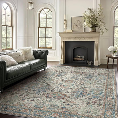 Area Rugs 8x10 Clearance Washable Boho Rug for Bedroom Living Room, Non Slip Thin Low Pile Chenille Carpet for Dining Room,Vintage Farmhouse, Blue/Ivory