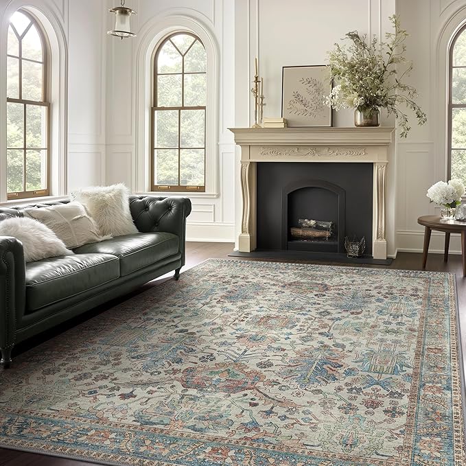 Bavni Area Rug 3x5, Non-Slip Washable Rugs for Living Room Office, Boho Distressed Printed Rug, Low Pile Foldable Decorative Carpet for Bedroom Kitchen Office, Blue/Ivory