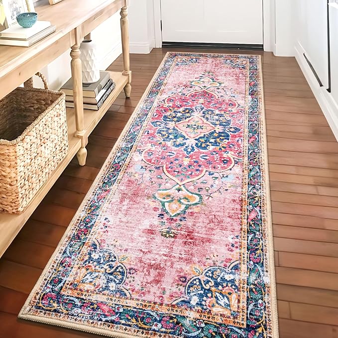 2x8 Runner Rug Pink Boho Area Rug for Hallway Entryway Kitchen Laundry Room Bathroom Bedroom Non Slip Blush Vintage Rug Indoor Lightweight Carpet