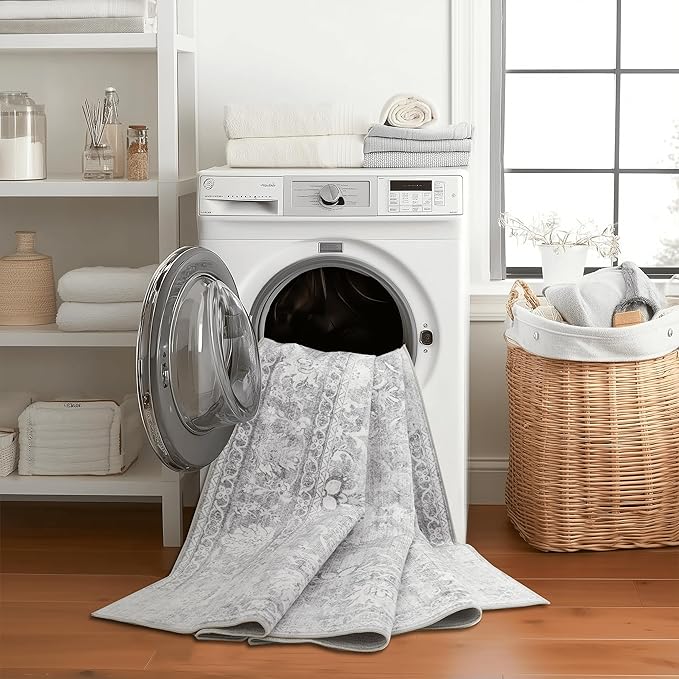ReaLife Rugs Machine Washable Area Rug - Living Room Bedroom Bathroom Kitchen Entryway Office - Padded Low Pile Stain Resistant Premium - Boho Farmhouse Vintage - Noor - Silver Ivory 4' x 6'