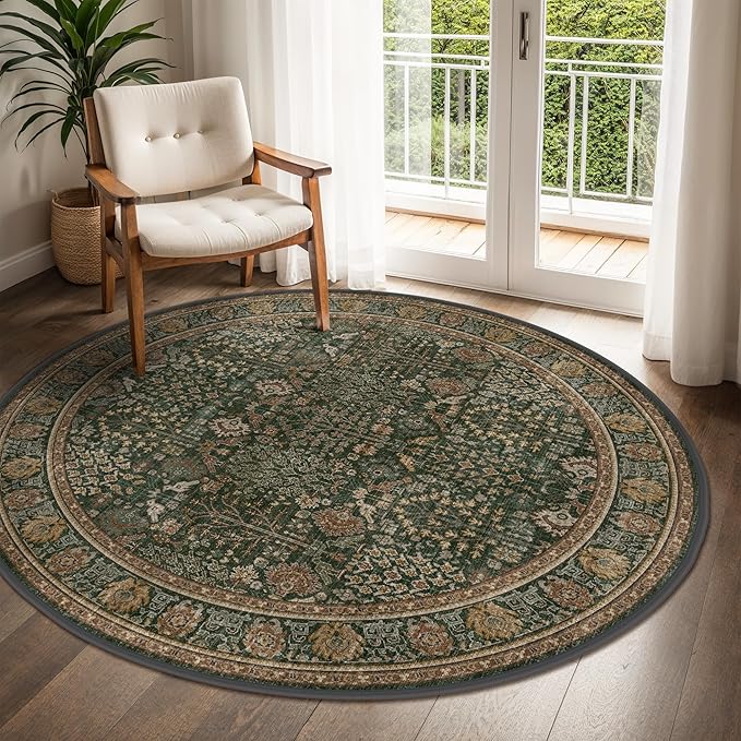 Bavni Round Rug 5ft-Machine Washable Area Rugs Non-Slip for Bedroom, 5x5 Vintage Floral Rug Distressed Throw Carpet for Living Room Nursery Kitchen Bathroom, Dark Green/Multi