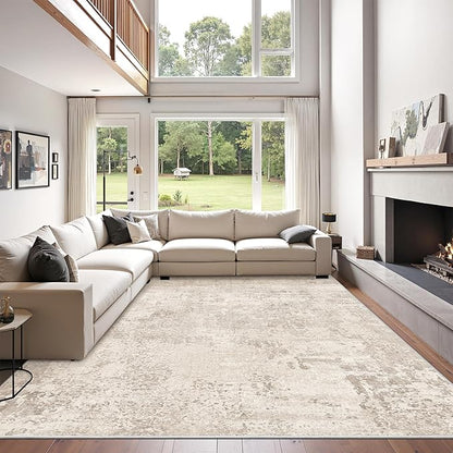 Art&Tuft Washable Rugs 5x7, Abstract Area Rugs for Living Room - Non Slip and Low Pile Soft Thin 5x7 Rug for Bedroom, Dining Room, Kitchen, Office, Beige