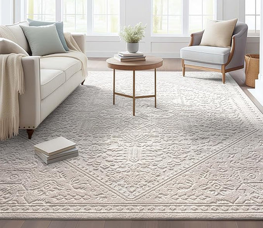Well Woven Harlow Collection Cloud Medallion Ivory - Modern Tribal Minimalist 5x7 Area Rug - Ideal for Living Room, Dining Room & Bedroom - Durable, Stain Resistant & Easy to Clean