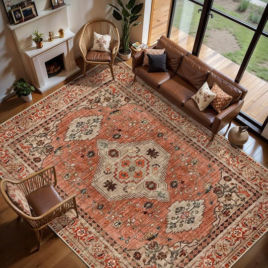 Tangsoo Boho 9X 12 Area Rug for Living Room, Washable Vintage Rug Indoor Non Slip Large Area Rugs, Print Oriental Carpet Soft Low Pile Foldable Floor Room Rug for Bedroom Dining Room Terracotta