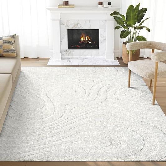 Abani Cozy Cream Area Rug for Living Room, Bedroom - Swirl Waves Pattern - 5' x 8' - Durable & Easy to Clean