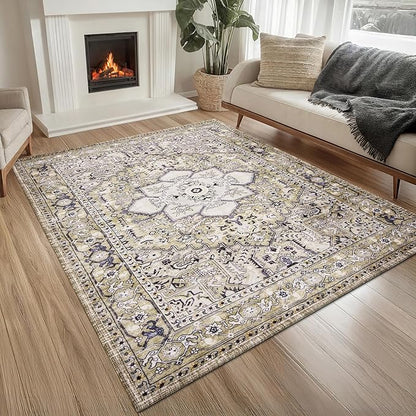 PURRUGS Vintage Farmhouse Boho Area Rug 5x7 ft, Non-Slip Machine Washable Rug, Accent Oriental Rug for Living Room, Dining Room, Bedroom, Entryway and Kitchen, Taupe/Vanilla