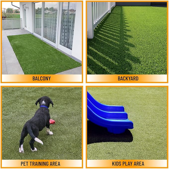 Ottomanson 6'6" x 12' Artificial Faux Grass Rug - Realistic Turf with UV Protection - Perforated for Easy Drainage - Durable, Hose-Off Synthetic Lawn Carpet for Indoor & Outdoor Use, Green