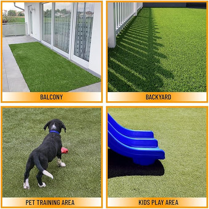 Ottomanson 6'6" x 41' Artificial Faux Grass Rug - Realistic Turf with UV Protection - Perforated for Easy Drainage - Durable, Hose-Off Synthetic Lawn Carpet for Indoor & Outdoor Use, Green