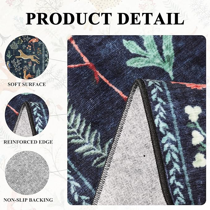 DUKINO 3x5 Rug, Washable Animal Area Rug with Non Slip Vintage Design, Indoor Soft Low Pile Carpet for Bedroom, Nursery, Dining Room, Farmhouse, Playroom, Navy Blue