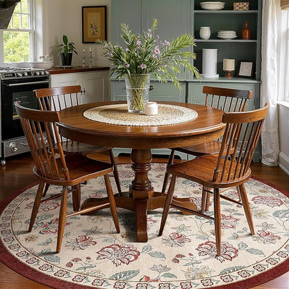 jinchan Elora 8ft Floral Round Rug for Dining Room Washable Living Room Rug Vintage Romance Design Non Slip Indoor Floor Cover Lightweight Low-Profile Throw Carpet for Bedroom Porch Patio, Red/Beige