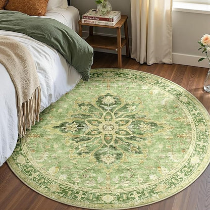 Area Rugs 8ft Washable Non-Slip, Floral Vintage Distress Print Pattern Medallion Carpet for Living Room Bedroom Dining Room, Sage Green Yellow