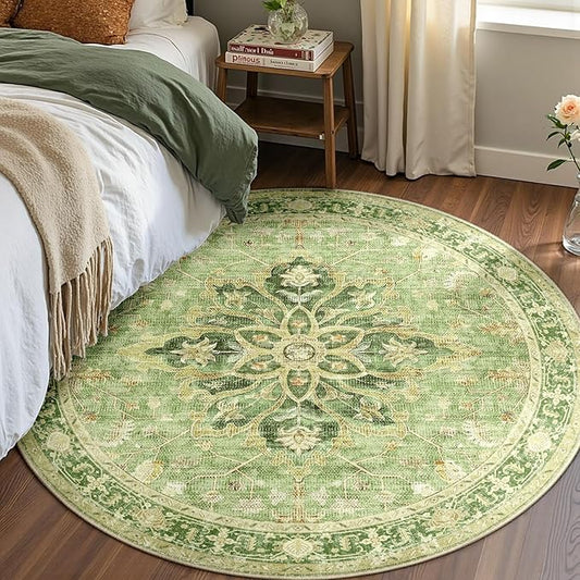 Area Rugs 7ft Washable Non-Slip, Floral Vintage Distress Print Pattern Medallion Carpet for Living Room Bedroom Dining Room, Sage Green Yellow