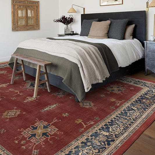RUGGABLE Washable Vintage Area Rug – Verena Amber Red 9x12, Stain-Resistant, Non-Slip – Large Machine Washable Rugs for Living Room, Bedroom, Hallway, Entryway & Office–with Cushioned Pad