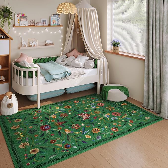 Vintage Medallion Floral 4x6 Rug, Machine Washable Non-Slip Area Rug, Low Pile Soft Carpet for Entry, Living Room, Office, Kids, Girl/Boys Room | Green