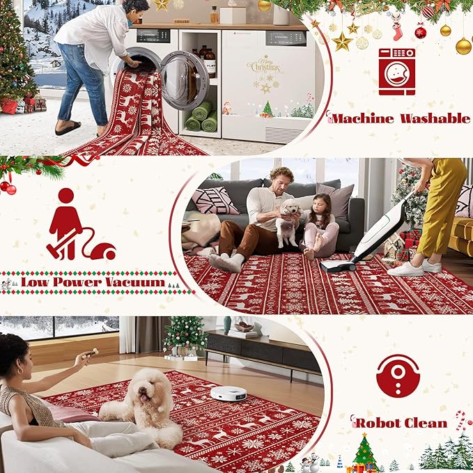 Christmas Rug 8x10 Washable Rugs, Boho Christmas Tree Snowflake Rug Non-Slip Soft Low Pile Non Shedding Indoor Holiday Decor Carpet for Living Room Bedroom Dining Room Home Office (Xmas Red, 8'x10')