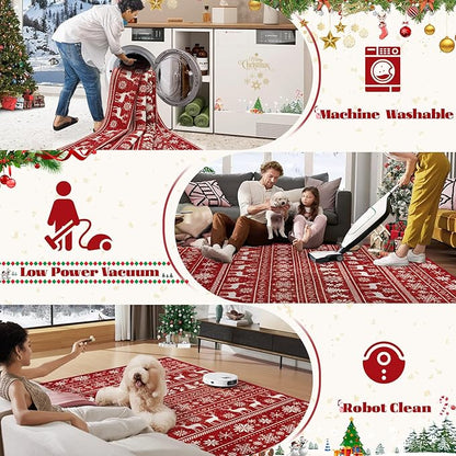 Christmas Rug 8x10 Washable Rugs, Boho Christmas Tree Snowflake Rug Non-Slip Soft Low Pile Non Shedding Indoor Holiday Decor Carpet for Living Room Bedroom Dining Room Home Office (Xmas Red, 8'x10')