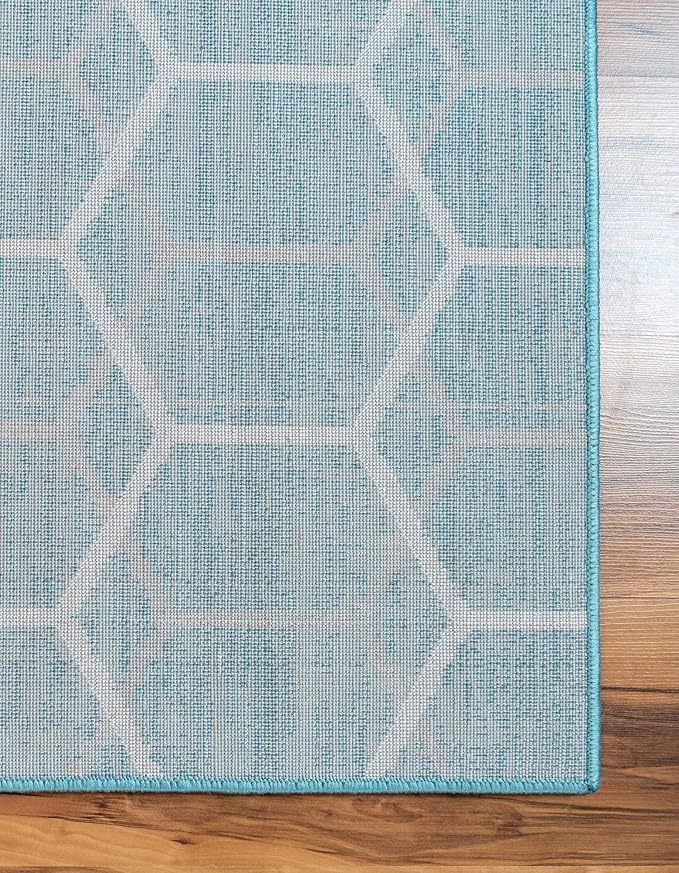 Rugs.com Lattice Trellis Collection Rug – 6 Ft Runner Blue Low-Pile Rug Perfect for Hallways, Entryways