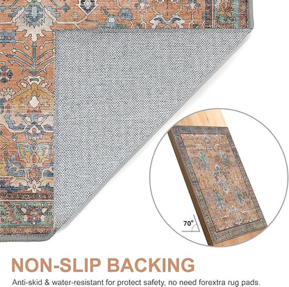 Bavni Runner Rug, Machine Washable Rugs for Bedroom 2x5, Non Slip Boho Rugs with Rubber Backing, Ultra-Thin Folable Rug Runner for Hallways Bathroom, Terracotta/Blue