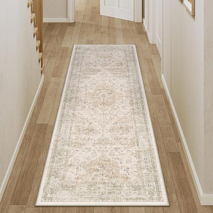 Hallway Runner Rug 2x5 Washable Beige Vintage Distressed Runner Oriental Soft Thin Indoor Carpet Non Slip Low Pile Throw Rug for Kitchen Bedroom Laundry Bedside Entryway