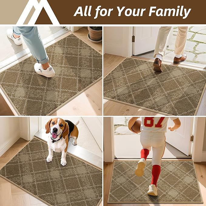 COSY HOMEER Plaid Door Mat 20" x 32",Dirt Trapper Entryway Rugs,Non-Slip Washable Farmhouse Doormat,Low Profile Welcome Mats for Paws Taupe