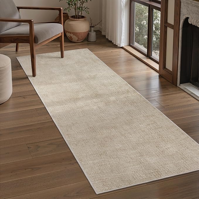 Art&Tuft 2x5 Runner Rug - Washable Runner Rugs, Non-Slip Runner Rug for Hallway, High Low Pile Textured Stripe 2x5 Rug Runner Throw Carpet for Entrance Entryway Bedroom Living Room Kitchen, Beige