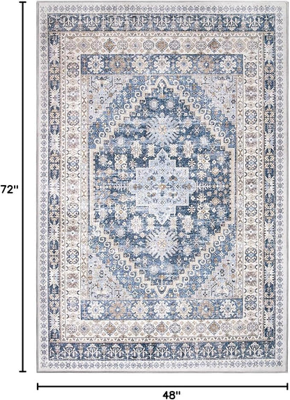 zesthome 4x6 Rug - Stain Resistant Washable Rug, Anti Slip Backing Rugs for Living Room, Foldable Vintage Small Area Rugs (Blue/Beige,4'x6')