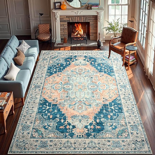 YJ.GWL Area Rugs for Living Room 8x10 Machine Washable Rugs, Non Slip Floral Vintage Rug Indoor Carpet, Stain Resistant Large Rug for Bedroom Dining Room, Dark Blue
