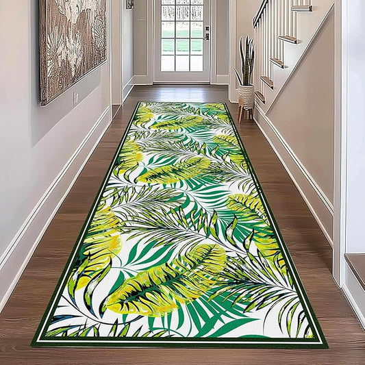 Green Botanical Tropical Leaves Rug 1.3x7ft - Non-Slip Washable Runner, Soft Durable Floor Mat for Hallway, Kitchen, Bedside, Entryway Home Decor